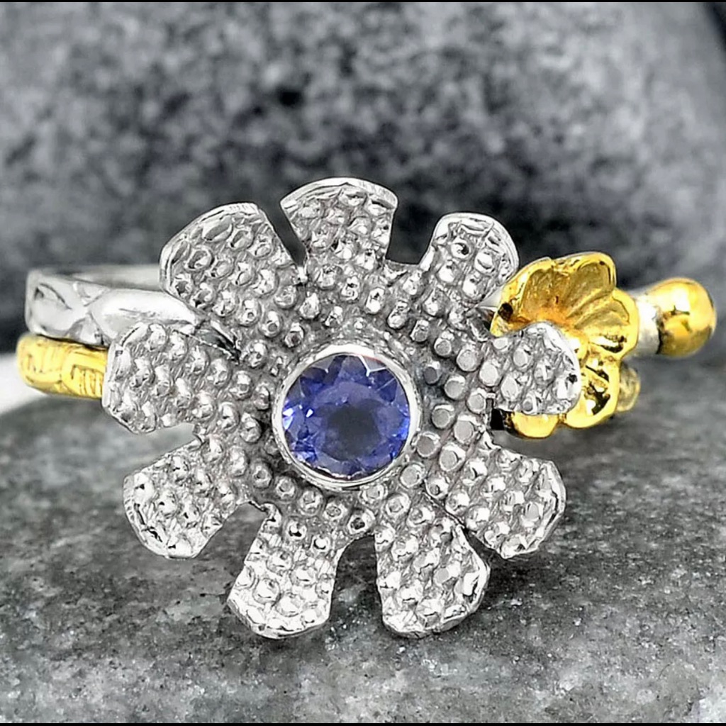 Iolite Ring Solid Sterling Silver Flower Ring
